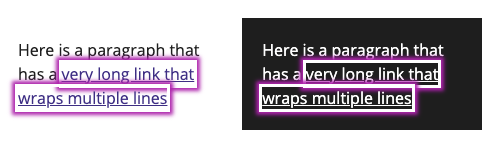 An example of a link focus style on both light and dark backgrounds side by side when the focus style uses a box-shadow..