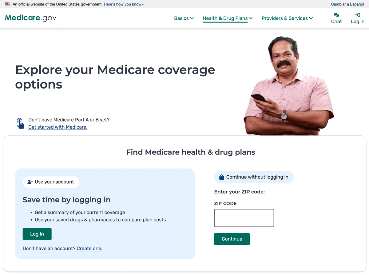 screenshot of the V.A. Medicare Plan finder website