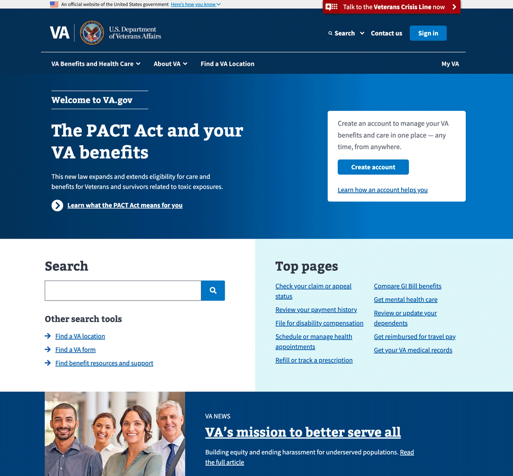 screenshot of the V.A. dot gov website