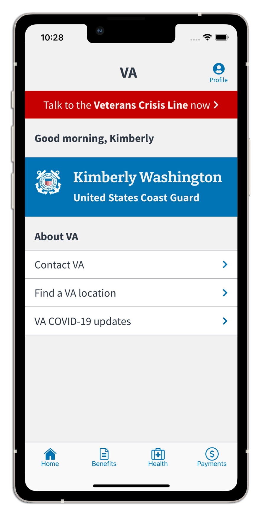 screenshot of the V.A. mobile application