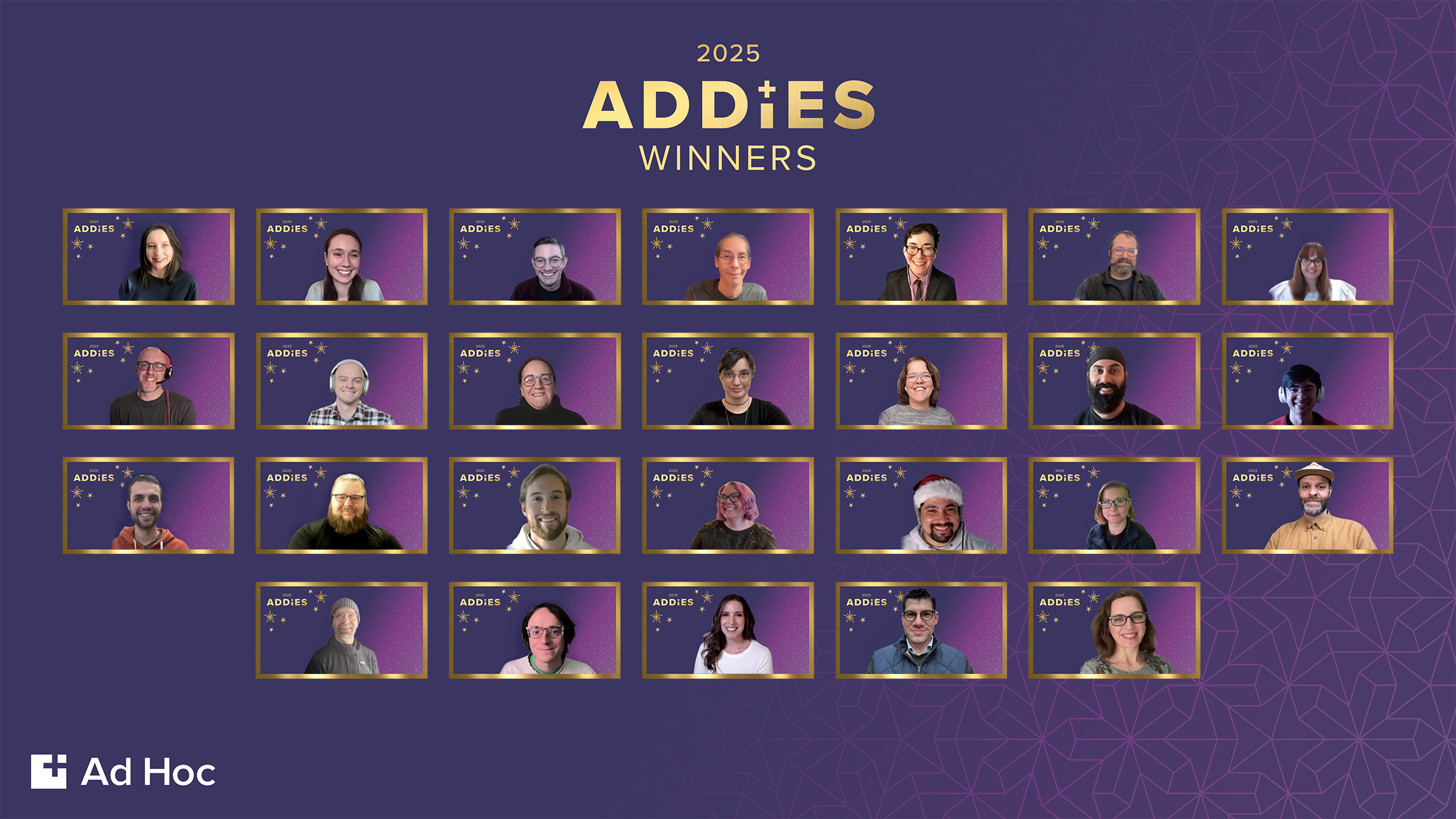 2025 Addies winners A grid of headshots of the twenty-six 2025 Addies winners. The Ad Hoc logo is in the bottom left corner, and the header reads "2025 Addies winners."